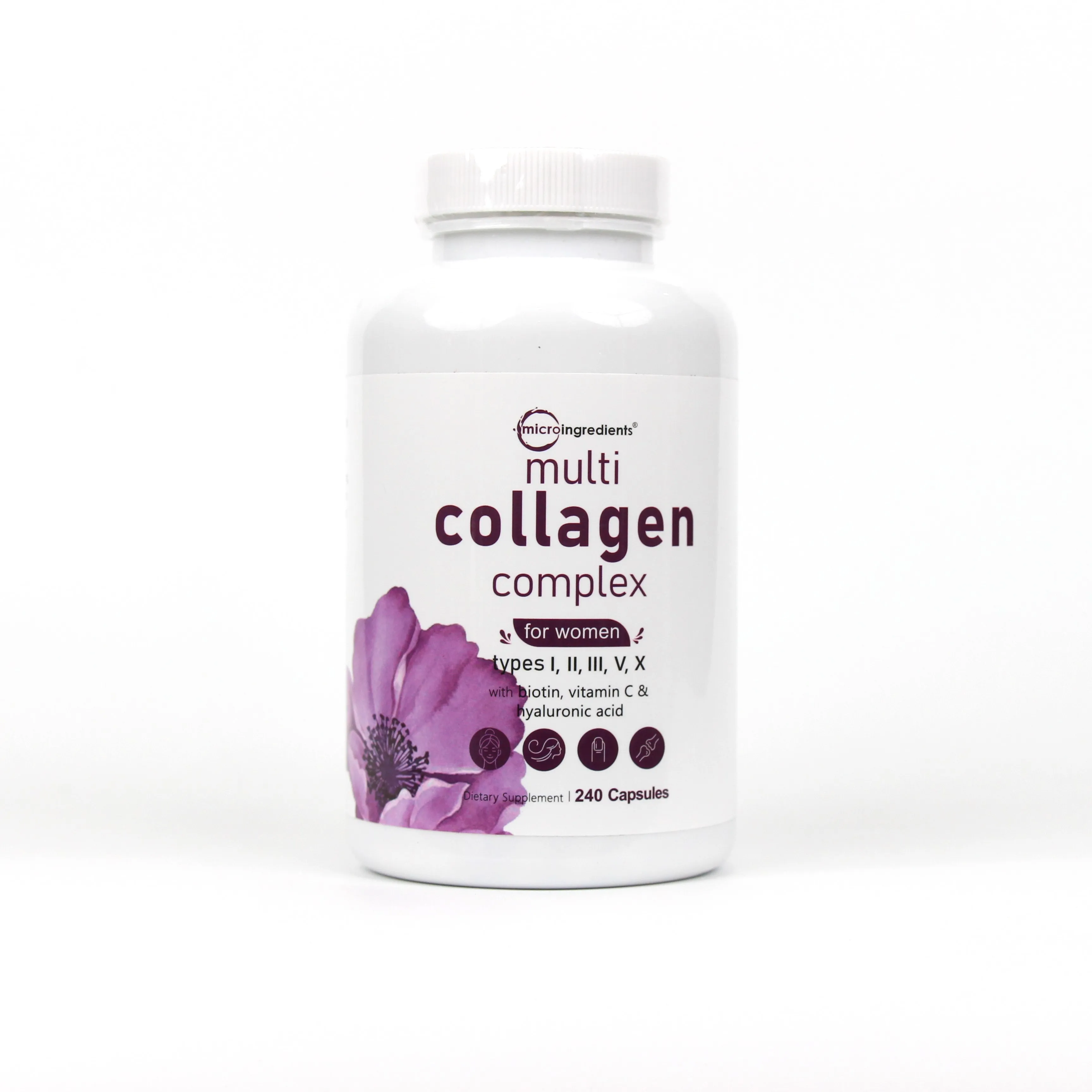 Micro Ingredientes Multi-Colágeno 240 Cápsulas Péptídeos de Colágeno Hidrolizado MultiTipo con Biotina, Ácido Hialurónico y Vitamina C