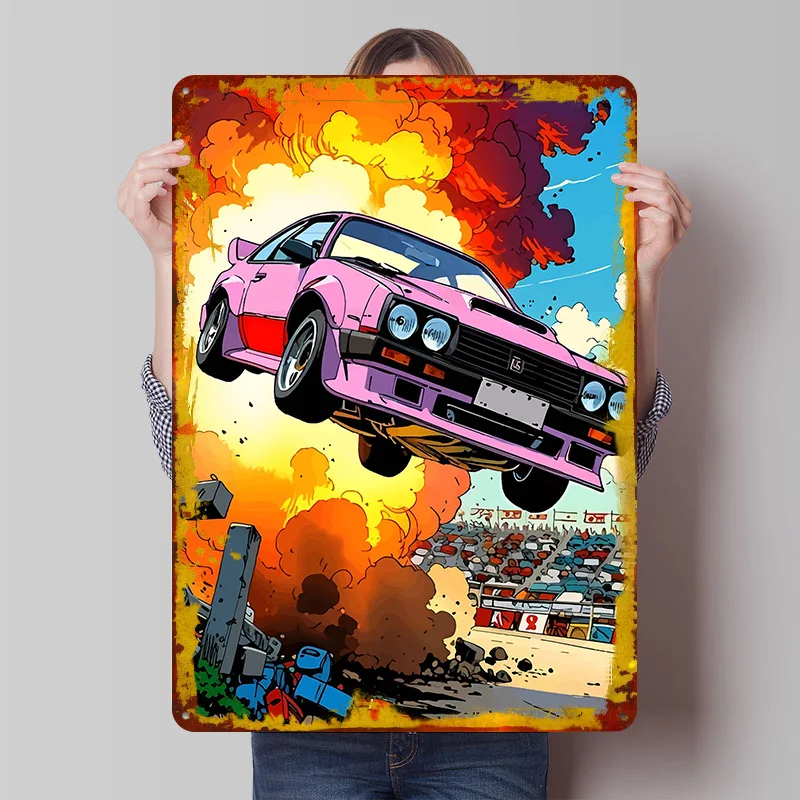 Pink Explosion Comic-Stil Auto-Poster, personalisierte Vintage-Metallschilder, Wandkunst, Retro-Blechschild für Garagenausstattung und Dekorationen