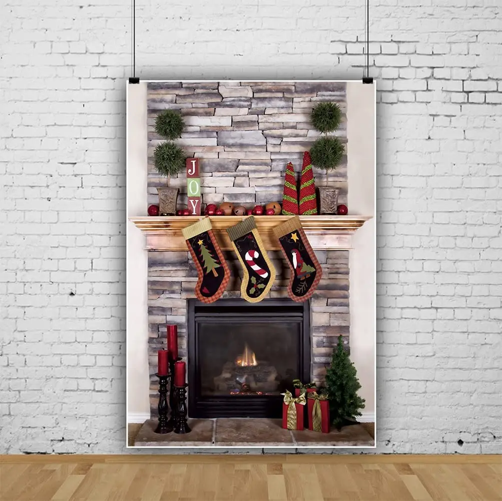 

Christmas Fireplace Photography Backdrop Kids Christmas Banner Xmas Socks Gifts Festival Celebration Background Poster