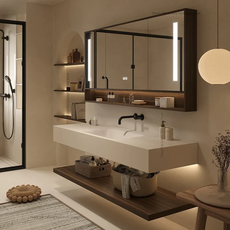 

Скандинавский роскошный кремовый стиль, зеркальный шкаф для ванной комнаты, современный простой модный умный туалетный столик, комбинированные полки, мебель Arredo Bagno FYBC