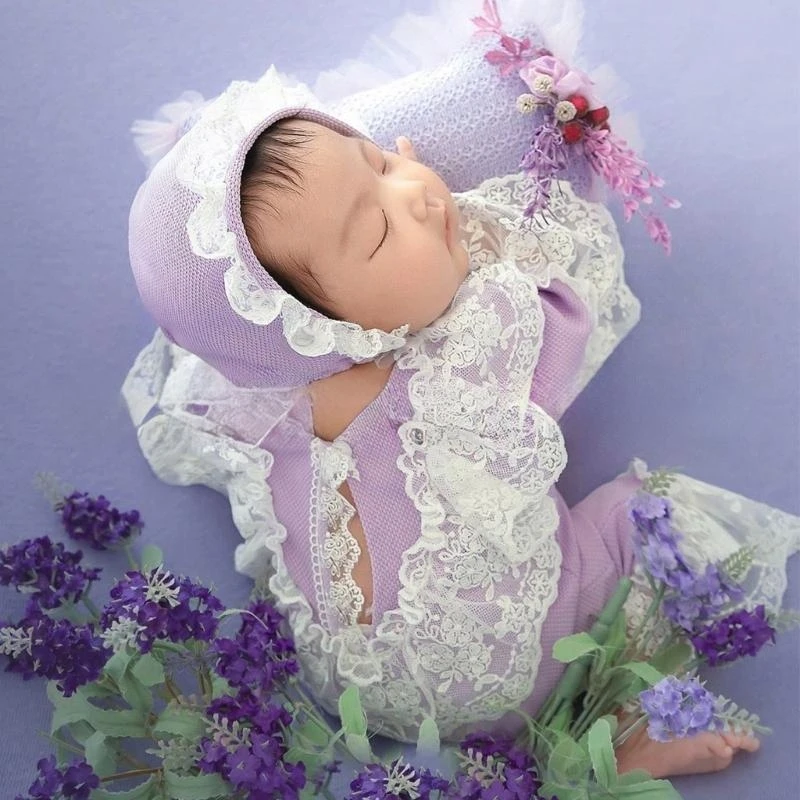 

J15U Breathable Newborns Picture Taking Outfit, Soft Lace Romper and Matching Lace Hat Set for Memorable Photoshoots