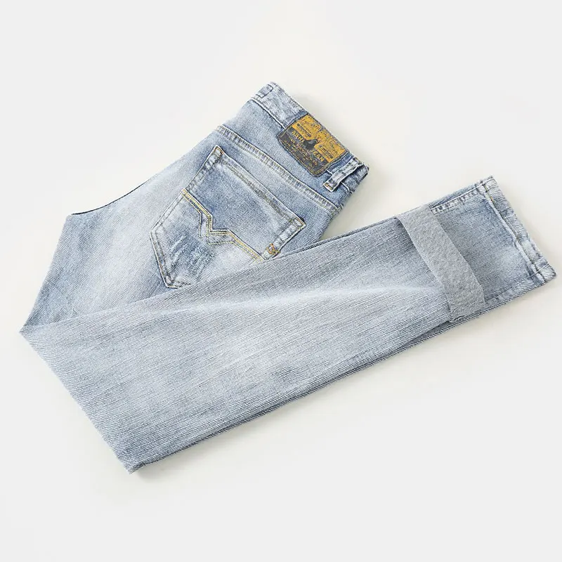 Fashion Designer Men Jeans Retro Light Blue Elastic Stretch Slim Ripped Jeans Men Patchwork Vintage Casual Denim Pants Hombre
