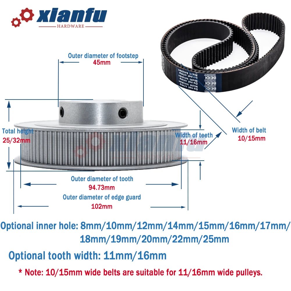 Imagem -02 - Alumínio Correia Dentada Polia Furo 10 12 14 15 16 18 20 22 25 28 mm Largura da Roda Htd 100 t 10 mm 15 mm 3m 100 Dentes Branqueadores Htd3m