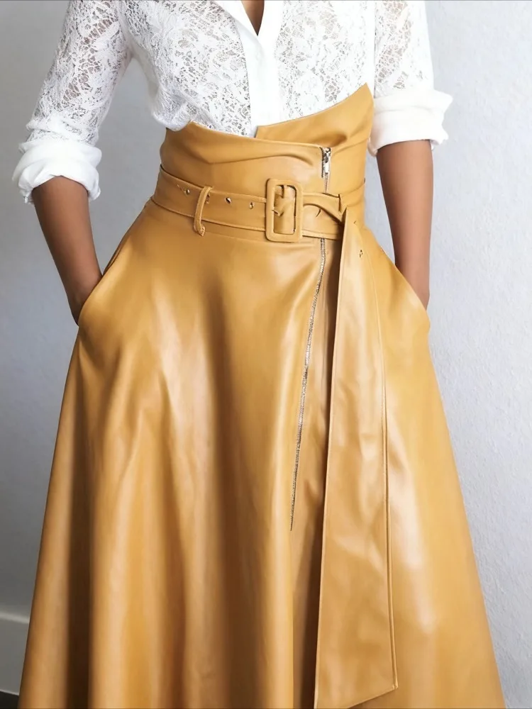 Gymystars japonês roupas vintage zíper pu saias longas moda bolsos soltos cor sólida cintura alta maxi saia com cinto