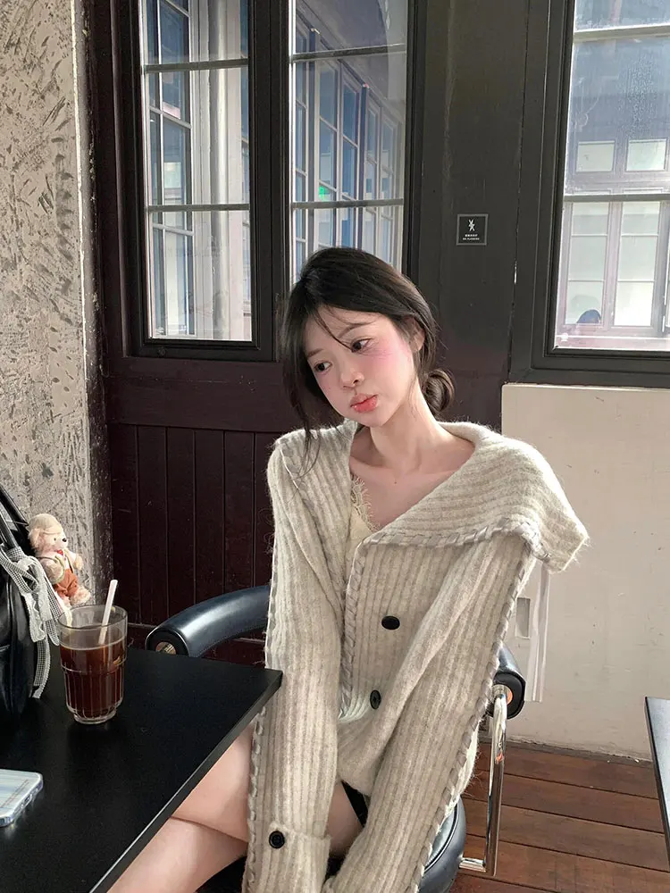 

Женский вязаный открытый кардиган Long Sve, свободный крой с отложным воротником, повседневный осенний универсальный топ с уменьшением