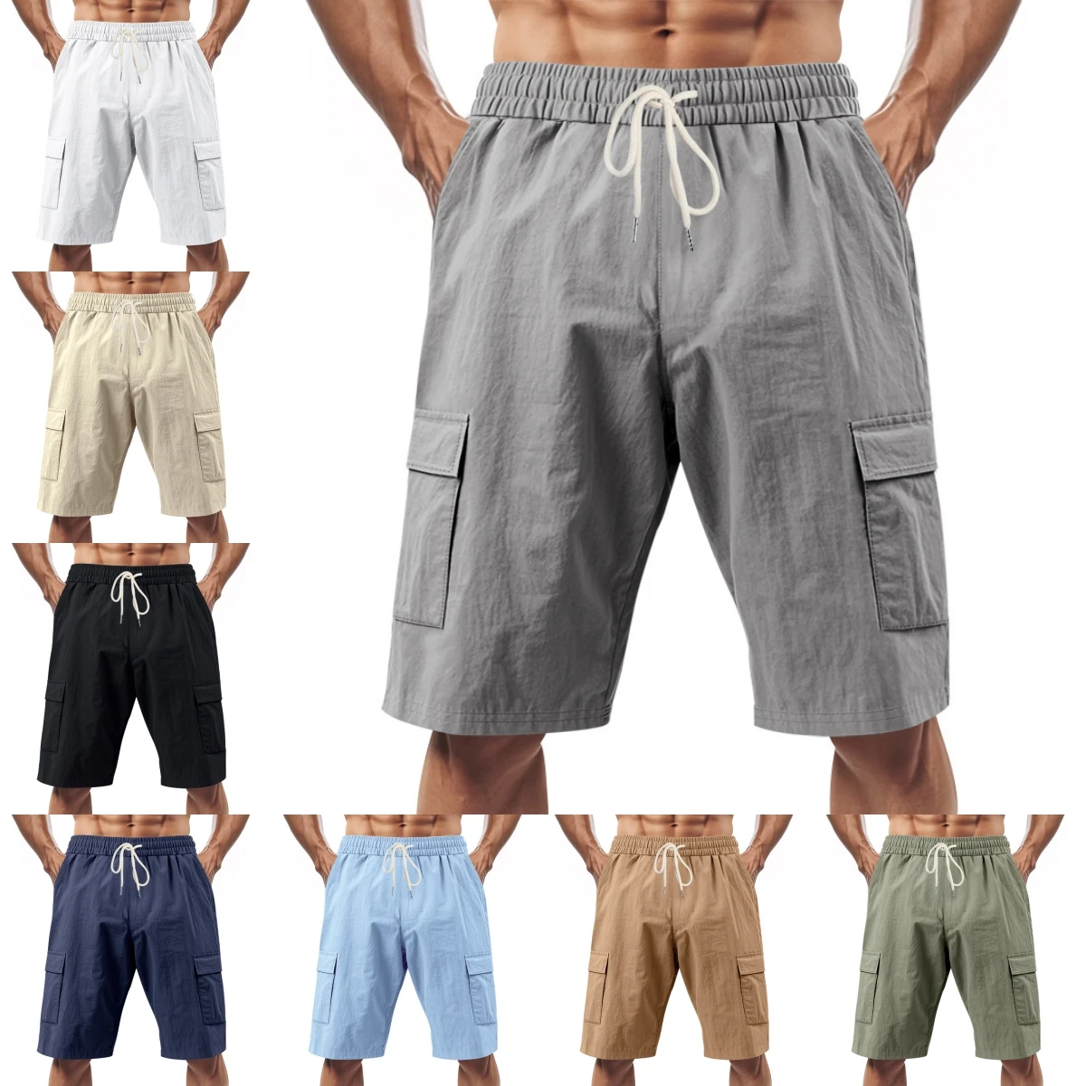 

Men's Cargo Shorts Multi-pocket Knee Length Shorts Casual Loose Drawstring Linen Sweatpants Straight Five-point Short Pants