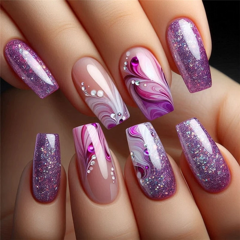 24pcs Long Coffin Almond Press On Nails Marble Glitter Heart Nail Patches with Jelly Luxury Fake Nails For Women Holiday Nail view 5