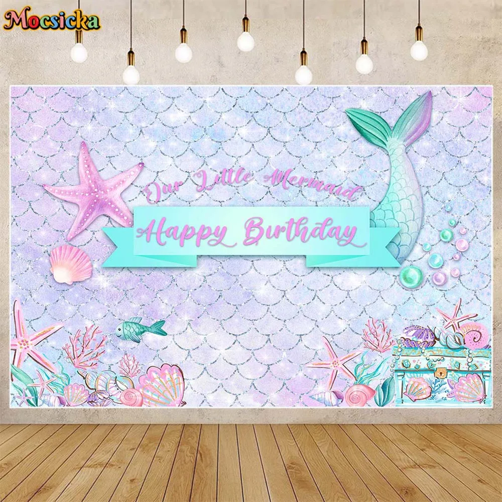 

Mocsicka Mermaid Birthday Backdrop Purple Scales Wall Girl Birthday Party Decor Photo Background Our Little Mermaid Banner Props