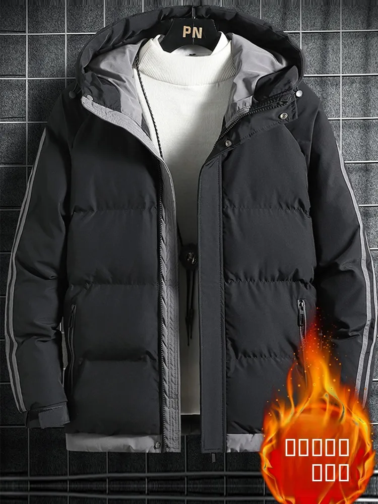 

Men's Winter Thiened Warm Hooded Cotton Jaet Casual Faion Brand Stand Fit Zipper Closure Polyester Fiber Coat
