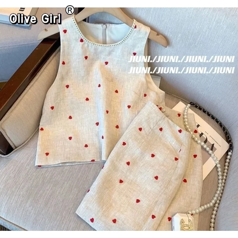 

Olivegirl 2026 Summer French Love Sleeveless Tank Top Set Elegant and Sweet Shorts Two Piece Set Women's Trendy Clothing