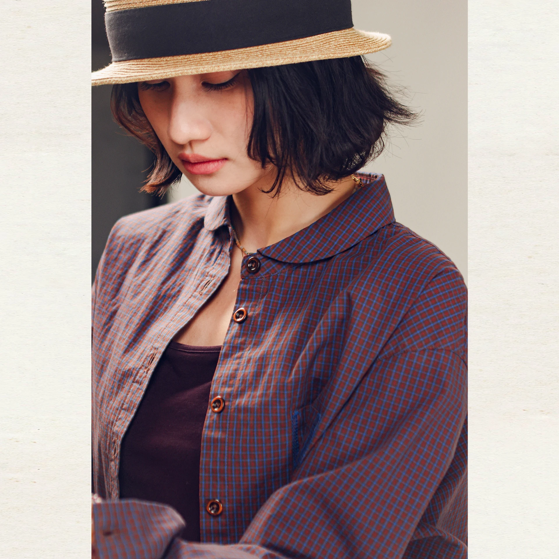 

Artistic Cotton Shirt Women's Spring Summer Collar Long Sleeve Breathable Comfortable Regular Fit Checkered Pattern Butt...