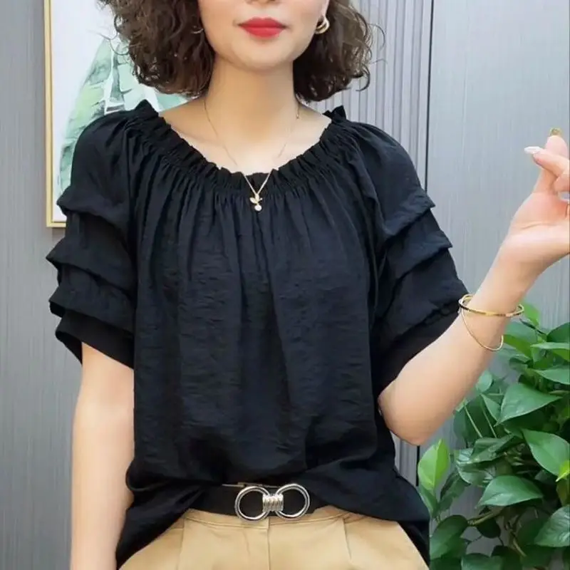 Oversized Solid Color Round Neck Chiffon Shirt for Women\'s New Summer Casual Commuting Loose Belly Covering Age Reducing Top