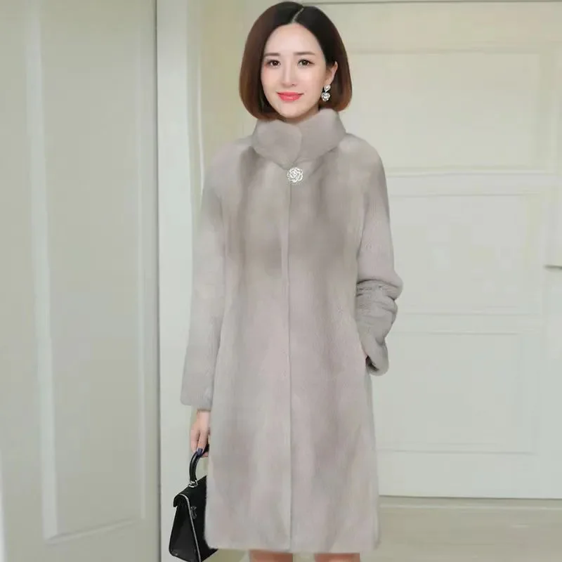 

2023 Female Mid length Standing Collar Thick Women Korean Sheep Shearing Coat Imitation Fur Coat Women Winter Mink Fleece Coat