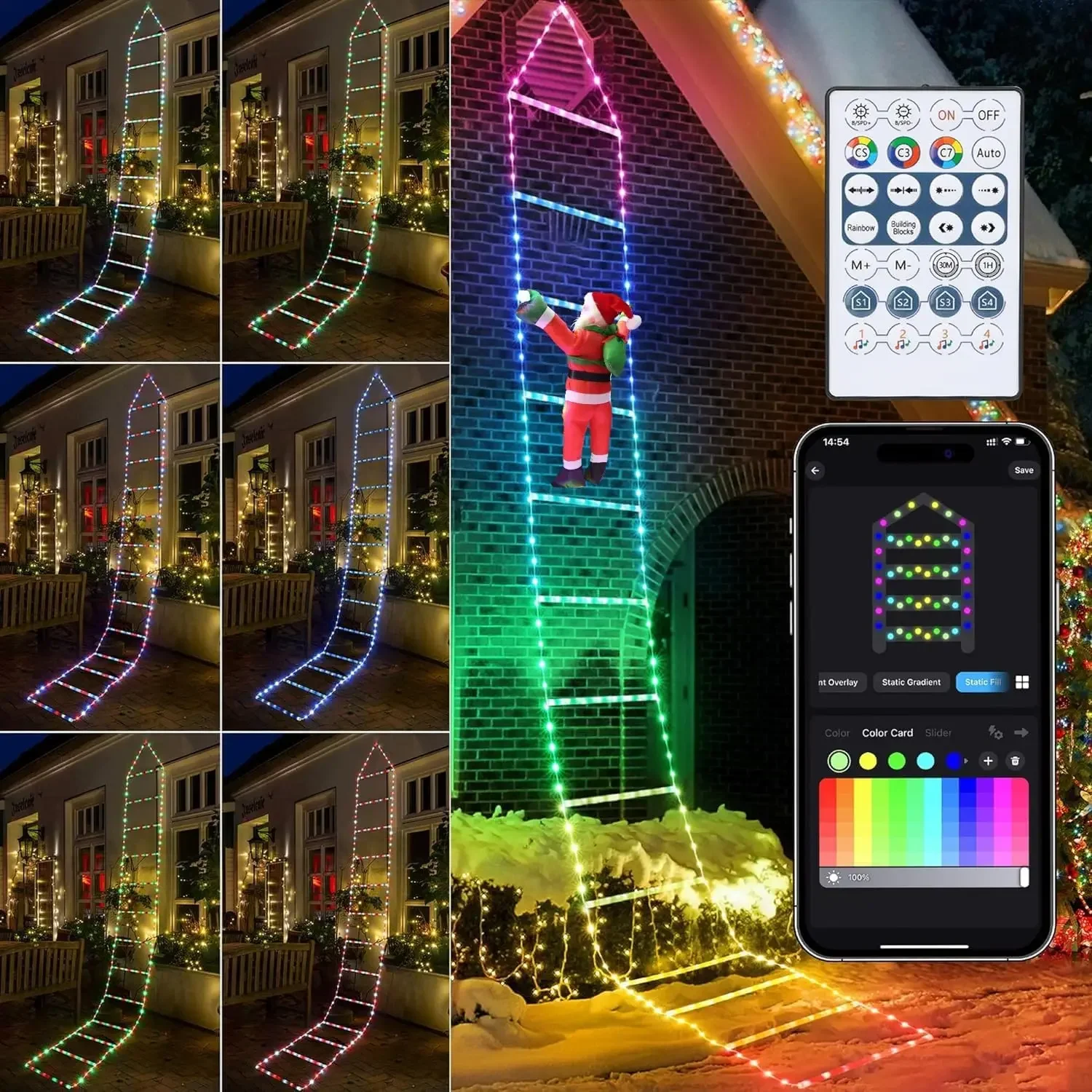

Новогодние декоративные светильники, 10-футовая умная RGB-гирлянда с Дедом Морозом, управляемая по Bluetooth и через приложение, в виде лестницы