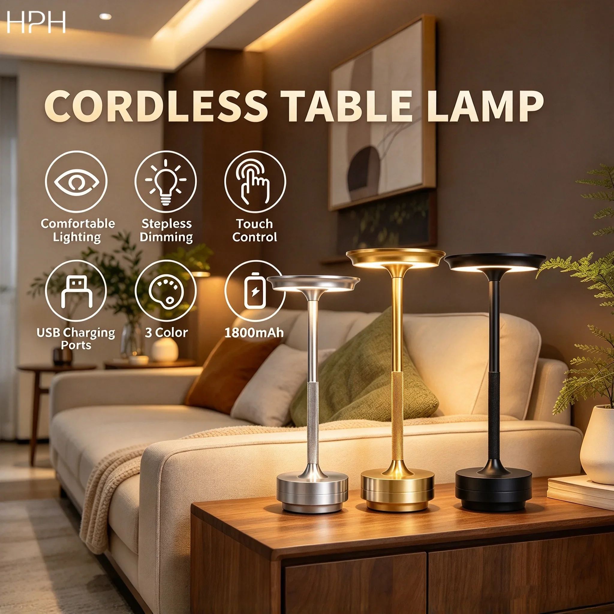 HPH Kabellose Tischlampe für Schlafzimmer, USB-Aufladbare Touch-Lampe, Kabellose Kreative Lampen, Raumdekoration, Schreibtischlampe