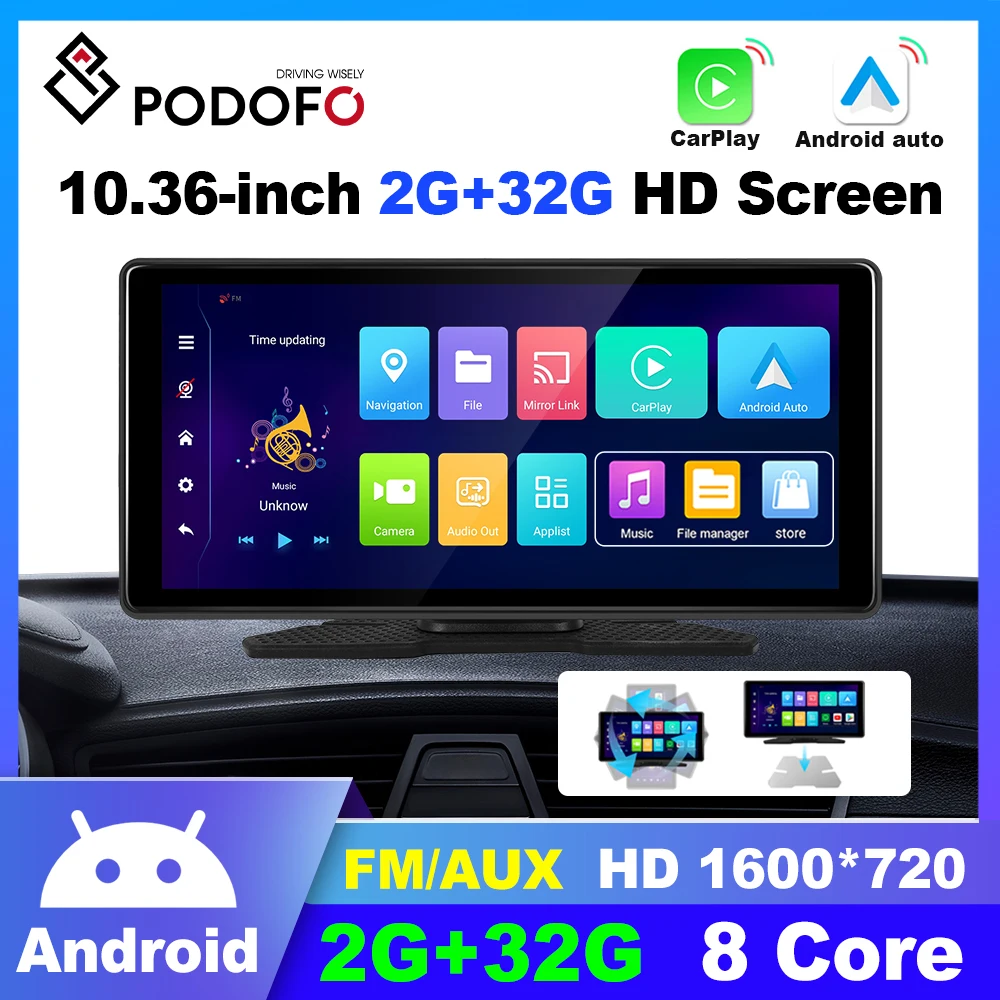 

Podofo 10.36" Android Car Monitor 2+32G Carplay Android Auto Car Multimedia Video Player Mirror GPS Navigation DVR Dashboard