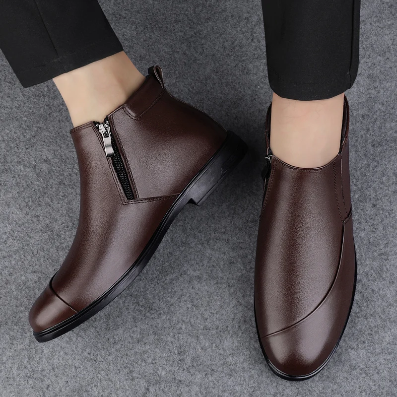 Men's Winter Genuine Leather Boots Formal Business Social Office Dating Party Shoes Comfort Plush Insulation Durable Ankle Boots