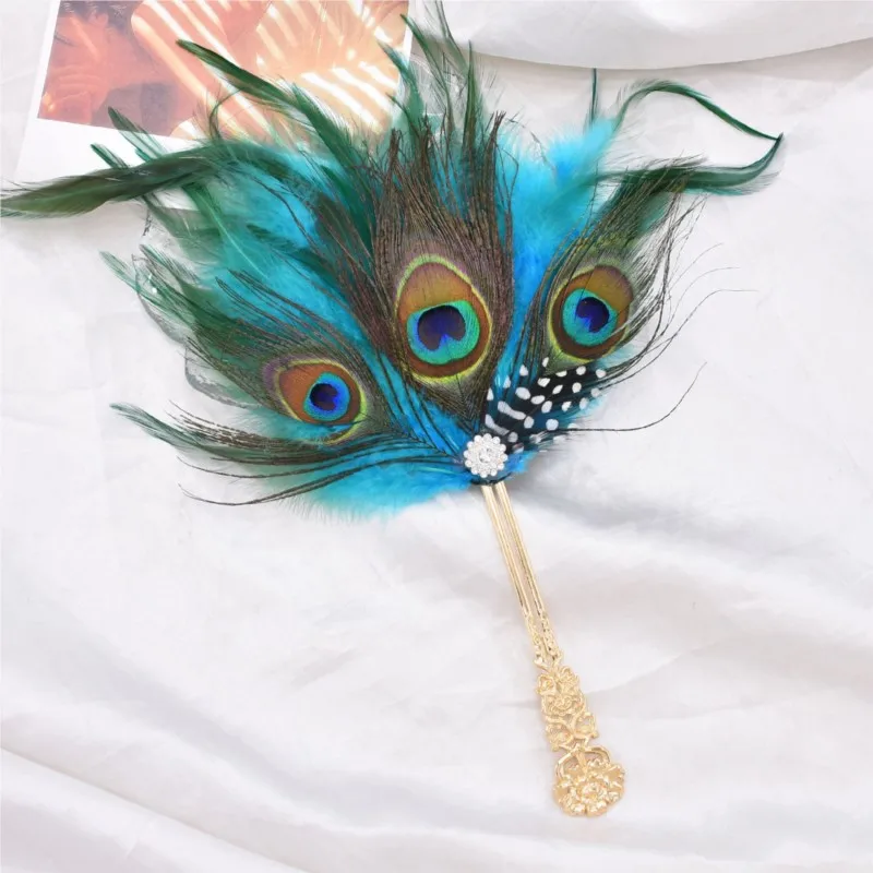 Ancient Style Long Handled Peacock Feather Ball Fan Performance Photo Prop Fan Hanfu Versatile Handheld Classical Fan ZF71