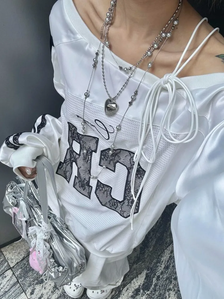 

Skew Collar Off Shoulder Sweatshirts Mujer American Vintage Print Coat Women Lazy Loose Mid-length Long Sleeve Tops