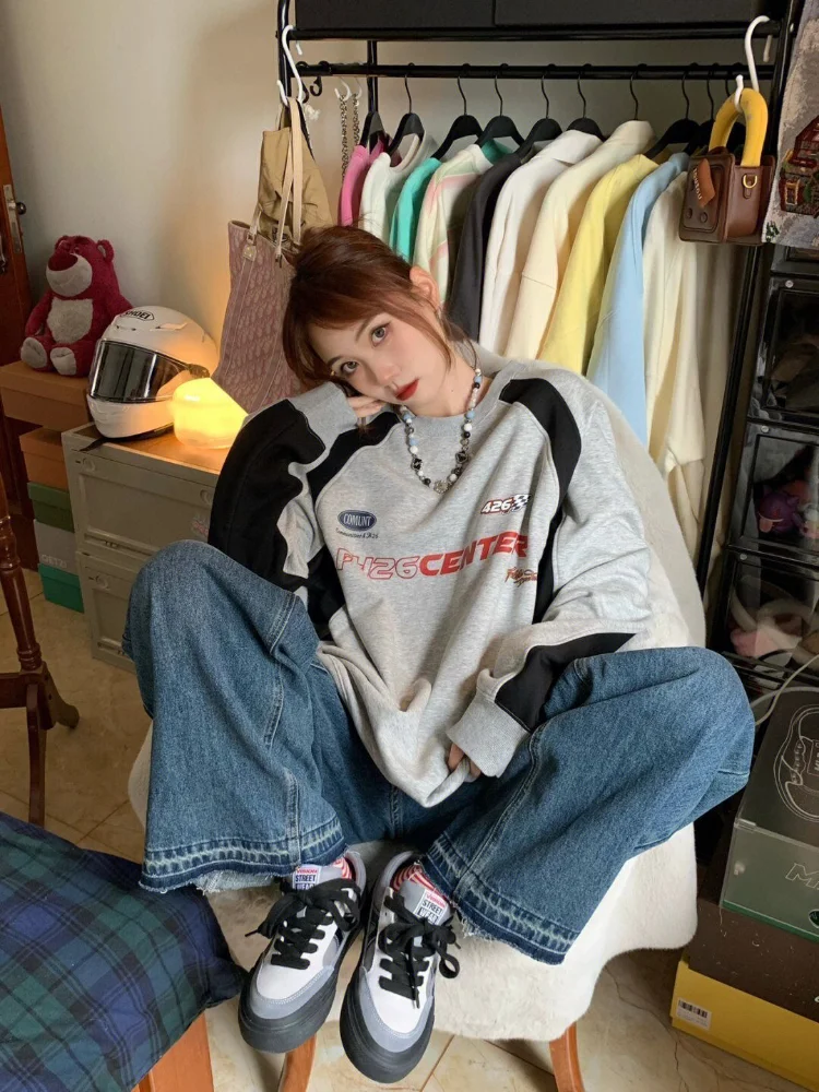 HOUZHOU Y2K Vintage Gray Sweatshirts Women Hip Hop Retro Streetwear Long Sleeve Hoodie Female Harajuku Kpop Patchwork Letter Top