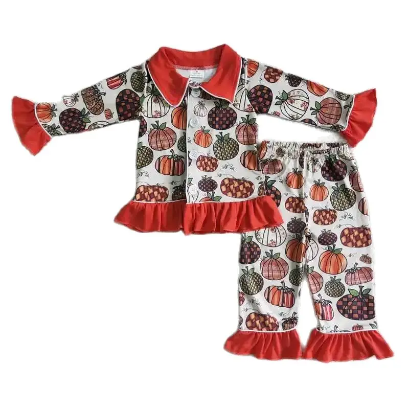 

2022 Baby Western Girls Halloween RTS Orange Pumpkin Print Long Sleeve Shirt Pants Girls Suit Hot Selling Fashion Kids Fashion