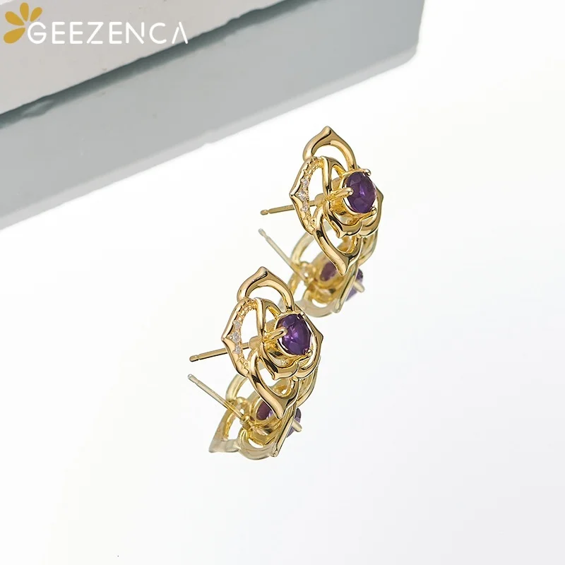 GEEZENCA 925 Silver Gold Plated Amethyst Hollow Flower Statement Earrings Women CZ Trendy Delicate Big Wide Stud Earring Gift