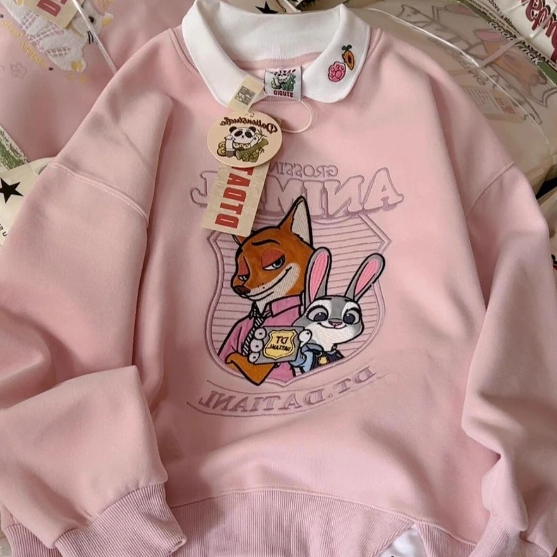 

Cartoon Embroidery Pink Sweatshirt - Unisex Fall Soft Sweet Style - Turn-Down Collar Loose Layered - Niche Trendy Top