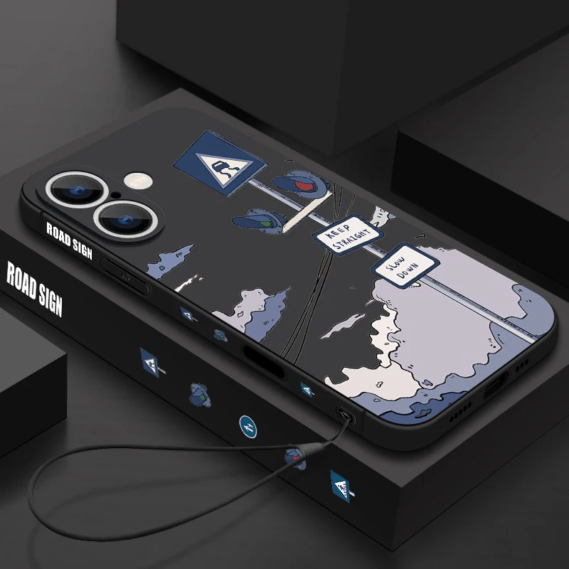 Weiche TPU-Magnet-Hülle mit Straßenschild-Muster für iPhone 16e 16 15 14 13 Pro 13 12 Pro Max 11, stoßfeste Silikon-Handyhülle mit Trageschlaufe