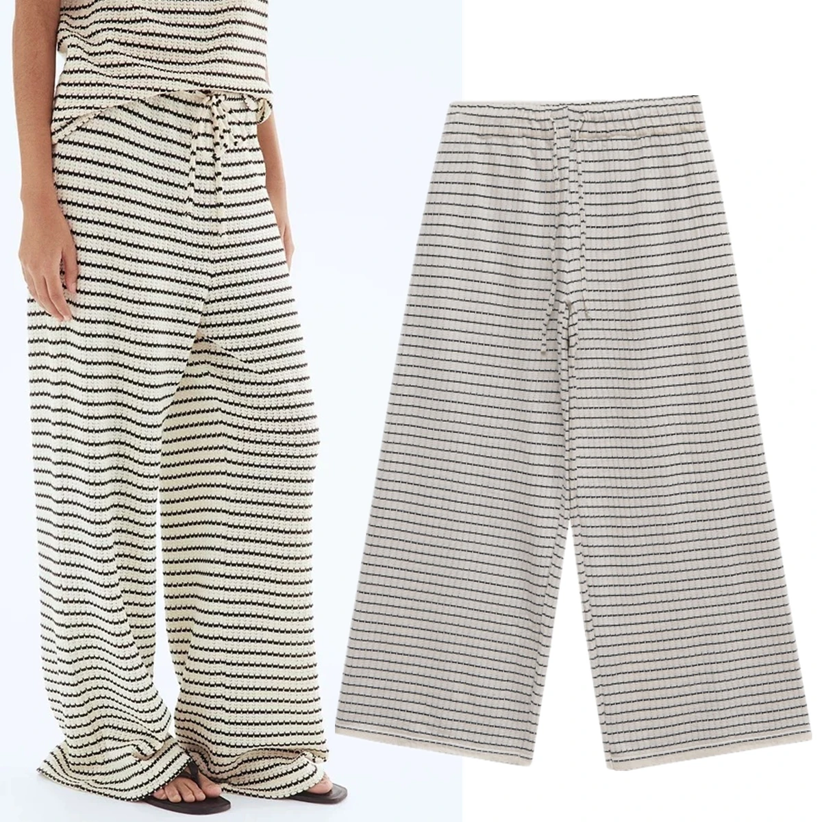 

Dave&Di Nordic Minimalist Striped Jacquard Texture Wide Leg Pants Women Drawstring Harem Loose Casual Pants For Women