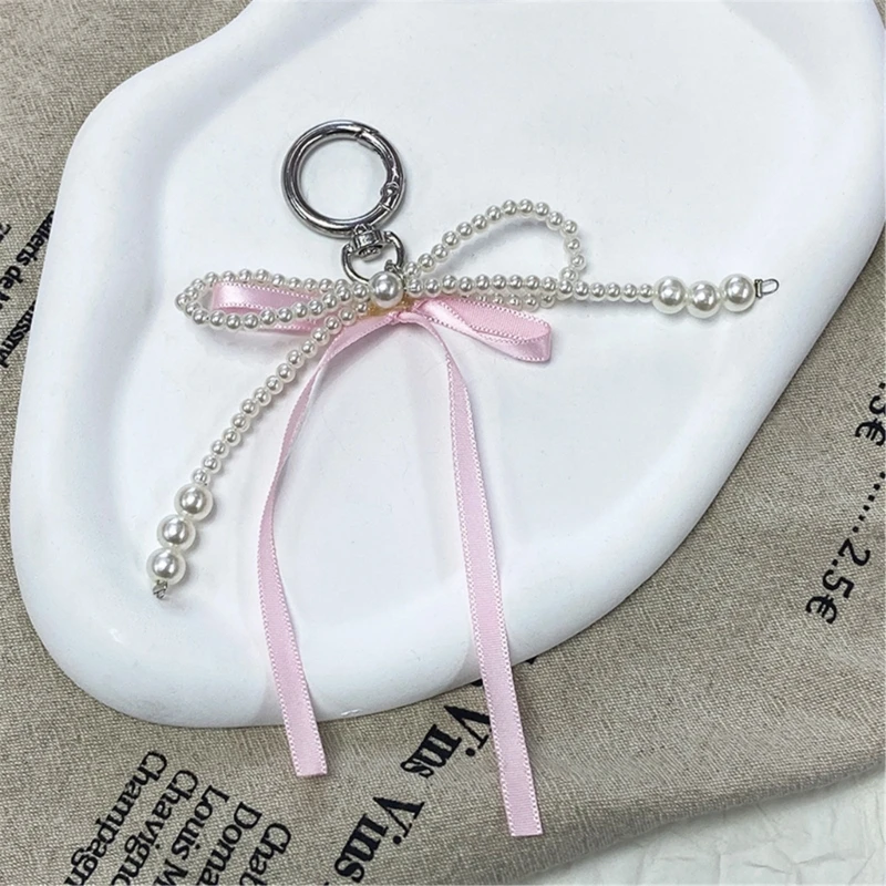 Cute Pearl Ribbon Bowknot Keychain Pendant Keyring Charm Lovely Hanging Decorations for Purse Bag Backpack Handbag