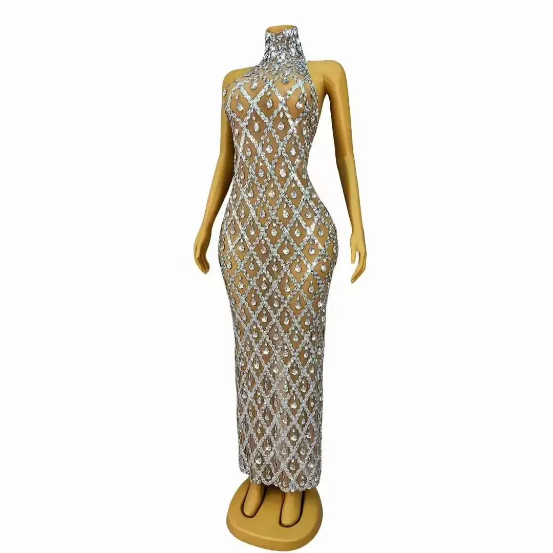 Sparkle Diamonds Dress Fashion Women Prom Gowns Stage Wear Singer Birthday Vintage Sequin Long Dress Banquet Ds Dance Outfits