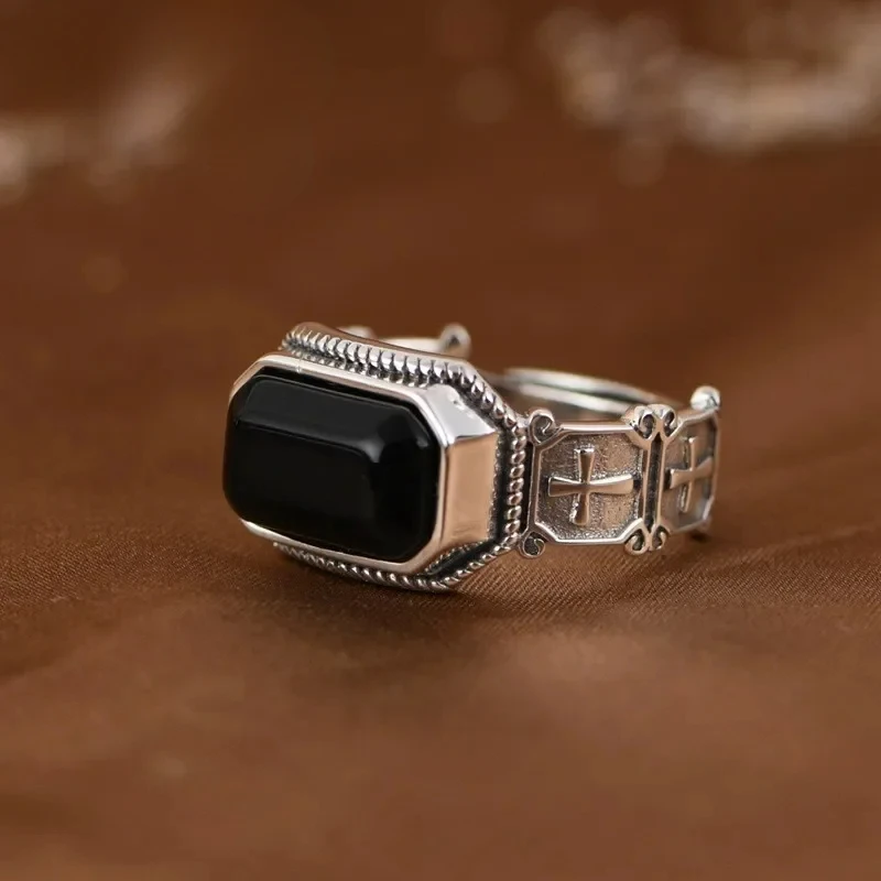 NEW S925 Silver Vintage Fashion Cross Square Black Agate Opening Ring Male and Female Gift