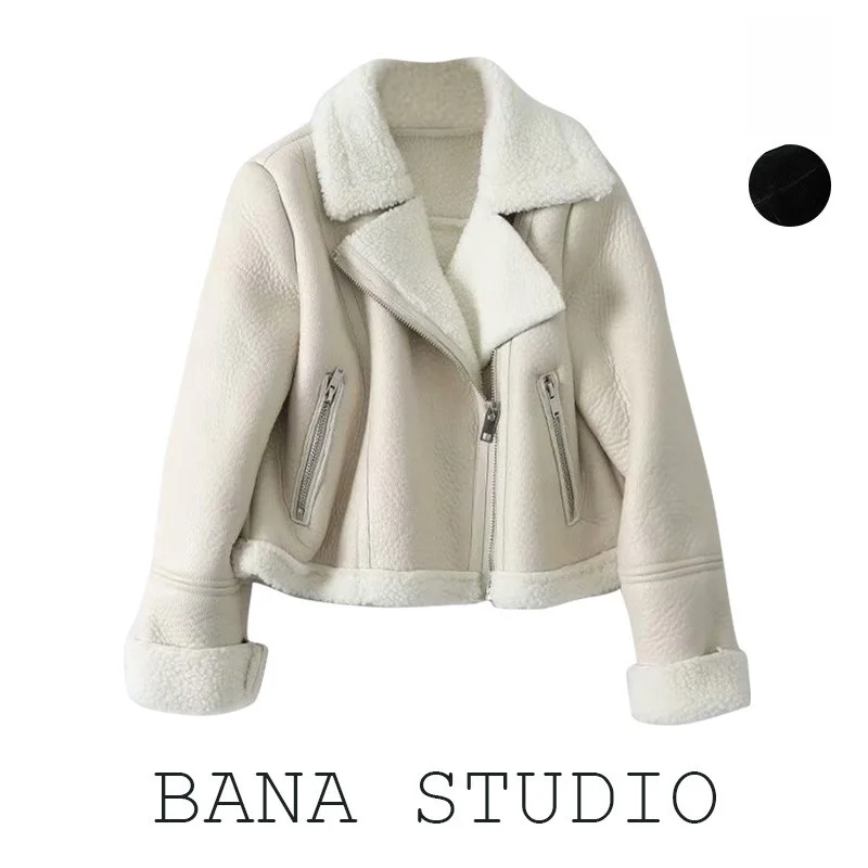 

BANA Street Style Short Quilted Leather And Fur Jacket Women's plus Size Coat Zipper Closure V-Neck Thickened Winter Outerwear