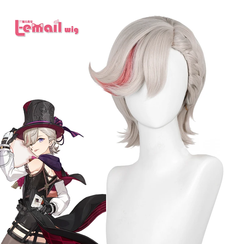 L-mail-Peluca de cabello sintético Genshin Impact Lyney, peluca de Cosplay corta de 32cm, reflejos dorados grises pálidos, pelucas Rojas resistentes al calor