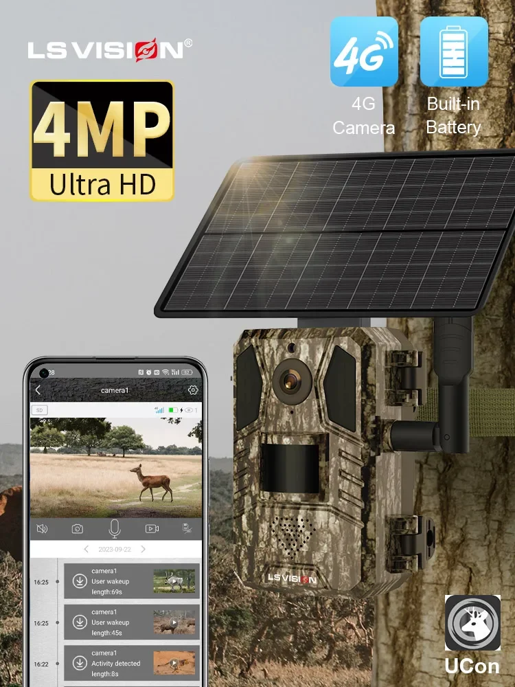 LS VISION Solaire Chasse Trail Caméra 4G SIM Carte IP66 Étanche 20M PIR Détection De Mouvement 14MP Faune Caméra IR Vision Nocturne