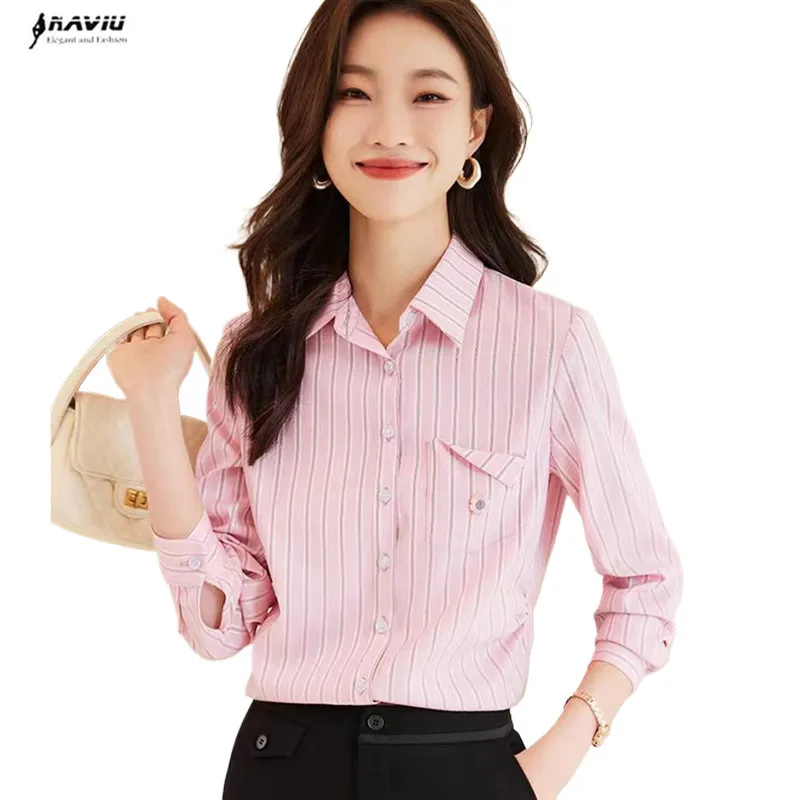 

NAVIU Fashion Women Stripe Button Pocket Design Shirt Female Clothing 2024 Spring Autumn New Loose All Match Tops Sweet Blouse