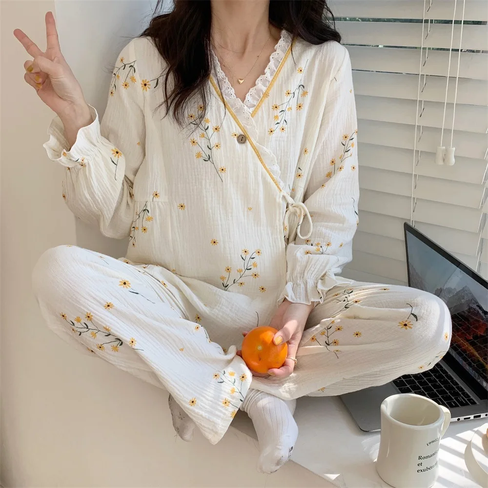 Fdfklak Pure Cotton Gauze Maternity Breastfeeding Nursing Clothing Spring Summer New Thin Breathable Floral Pajamas Suit