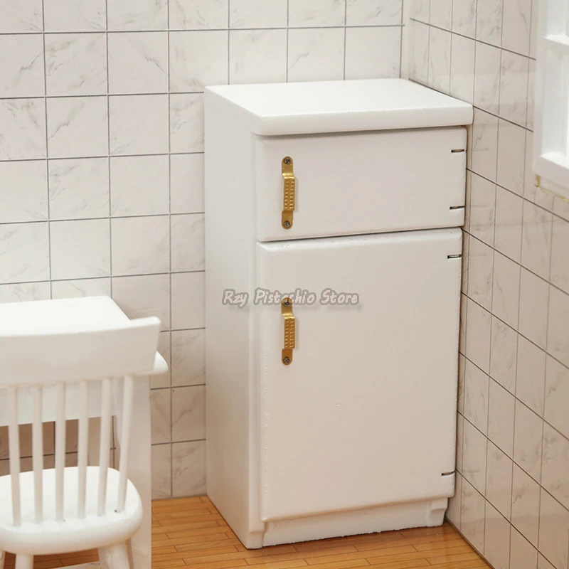 1/12 Doll House Miniature Freezer Model Wooden White Refrigerator Simulation Kitchen Accessories Furniture Toys Girls Play House