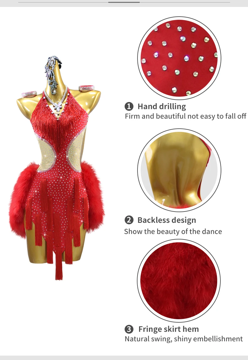 2026 Mädchen Sport-Tanzkostüm Latein-Federkleid Damenrock Party-Ballkleidung Samba Fransen-Kostüm Abschlussball-Tanzkleidung – Detail 6