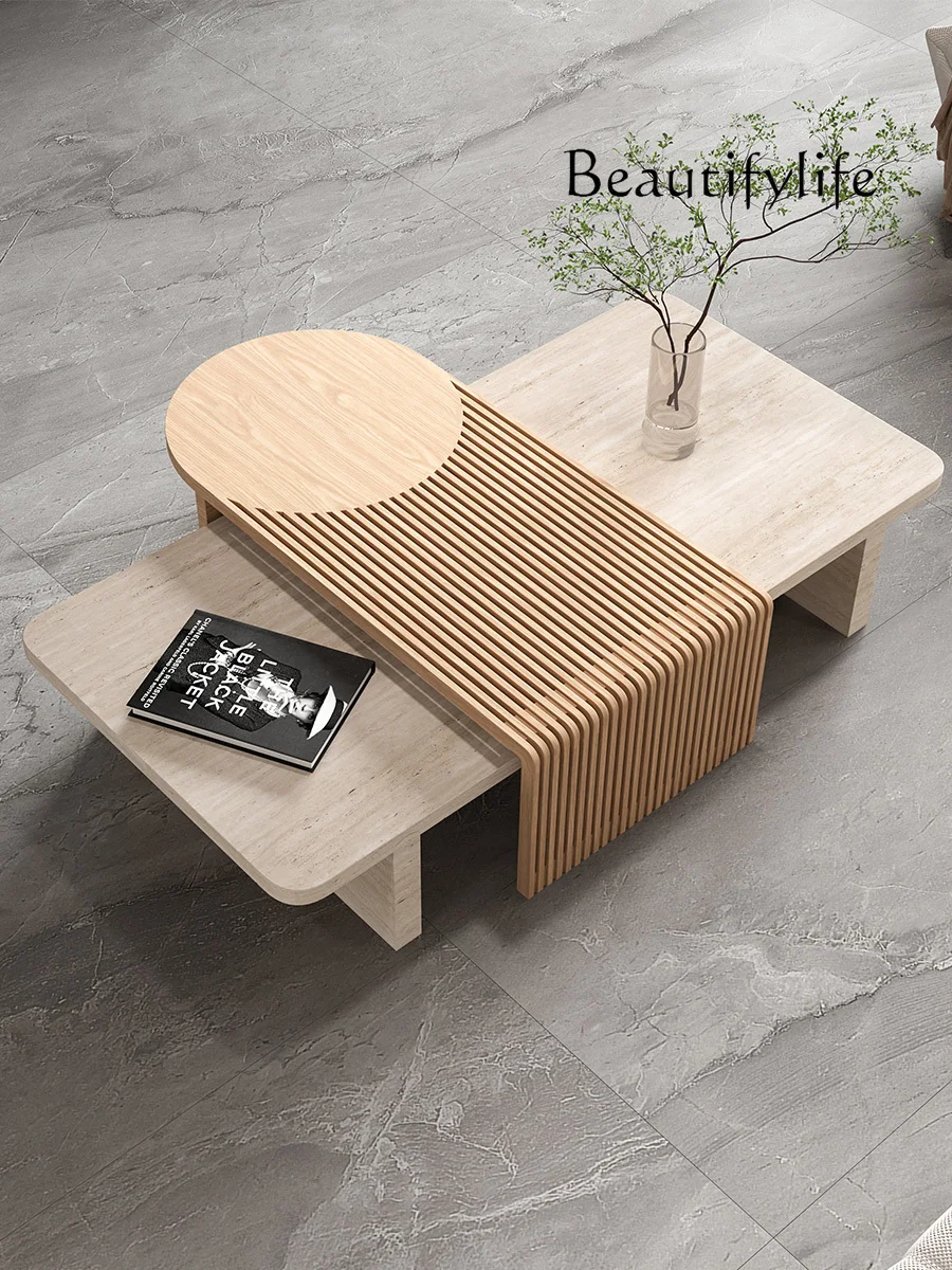 

Minimalist Italian Coffee Table Solid Wood Natural Cave Stone Combination Creative Design High-End Living Room Coffee Table