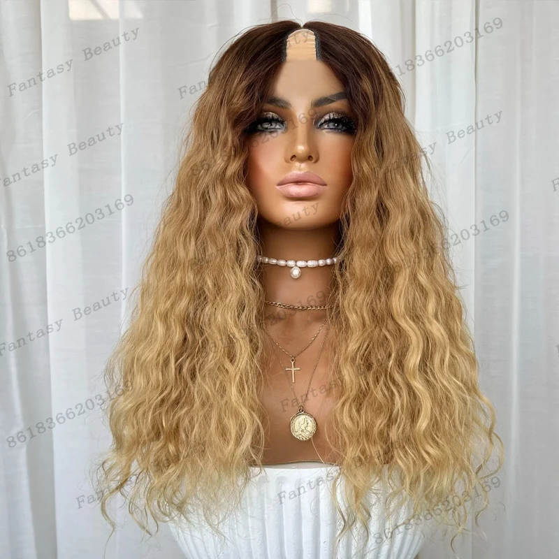 # 4 جذور بنية أومبير العسل البني شعر بشري مجعد 1x4 U جزء الباروكات للنساء السود غلويليس طويل موجة عميقة U جزء الباروكات سهلة ارتداء #1