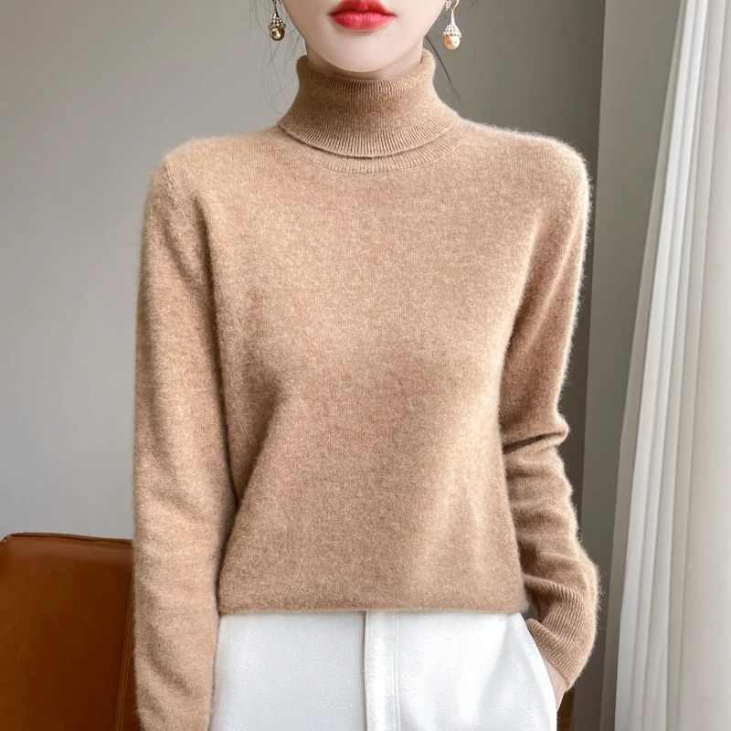 ZYCZCXX Women's Pure Wool Sweater Solid Female Pullover Turtleneck Lady Basic Soft Jumper Spring Autumn Winter Hot Sale Tops