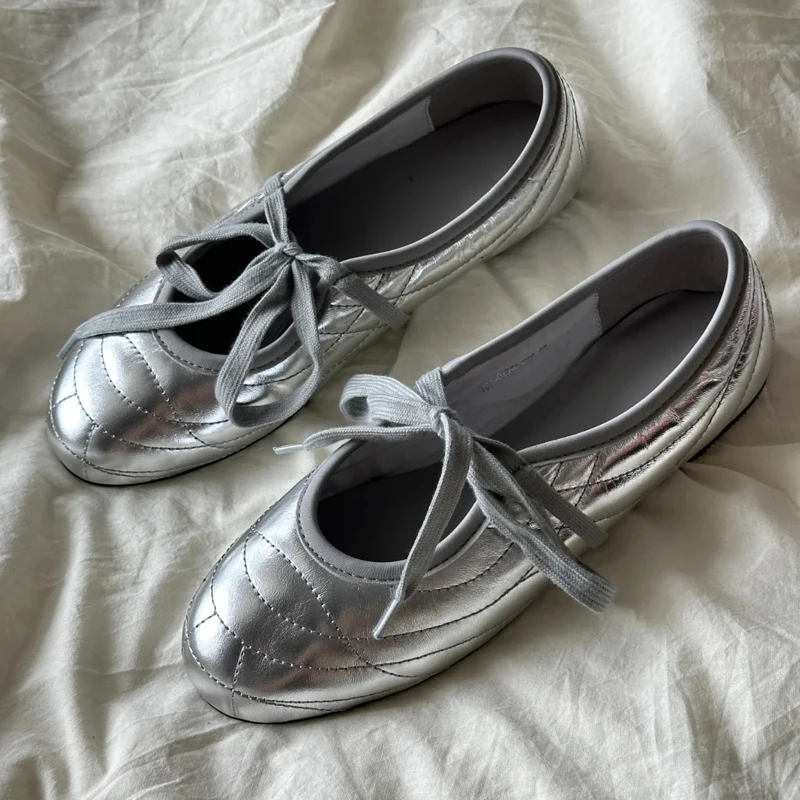 korean-sle-round-toe-sports-ballet-flats-women's-silver-lace-up-mary-jane-oes-low-heel-casual-faion-flat-mouth-oes