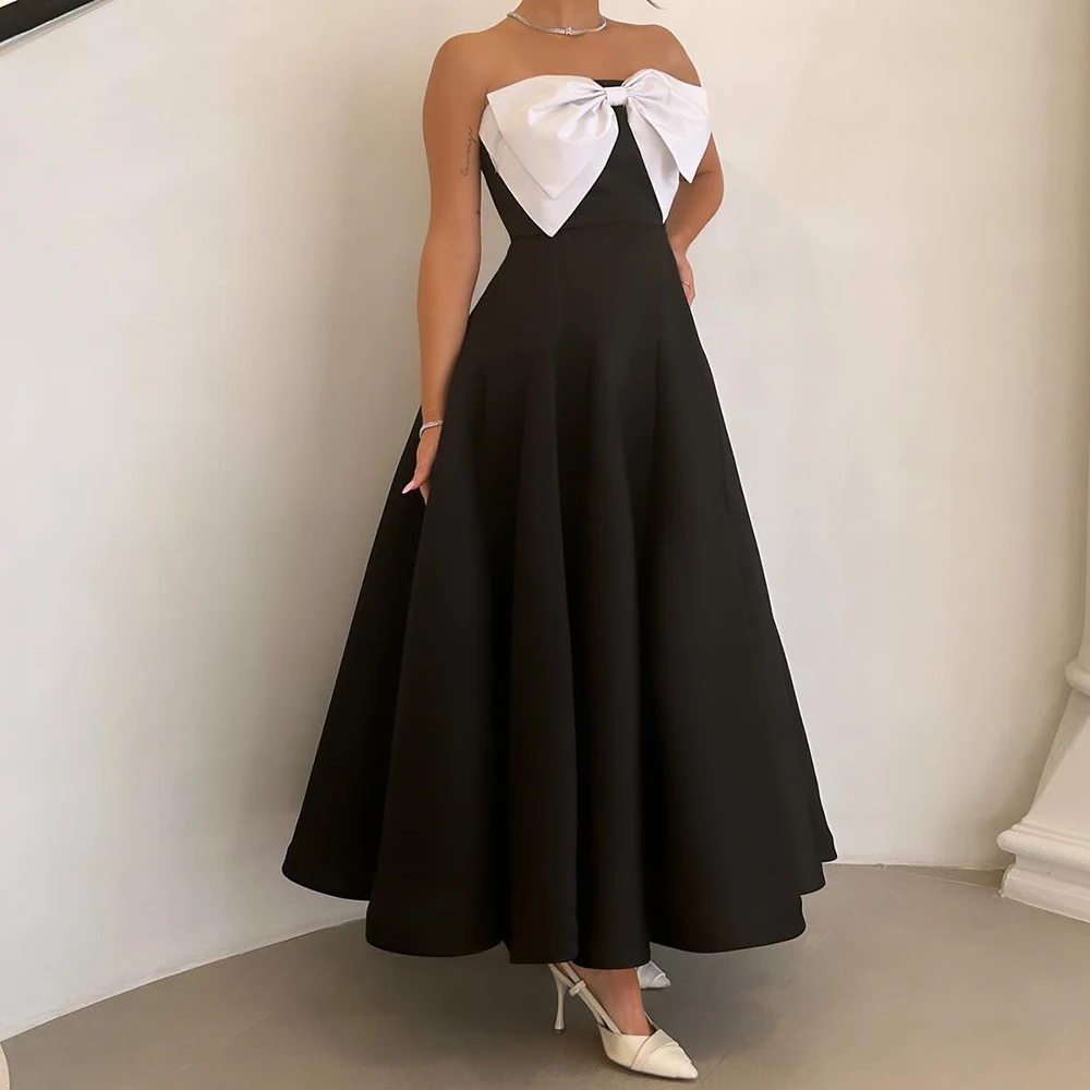 

Graceful Bow Jersey Evening Dresses Temperament A-Line Ankle Length Strapless Sleeveless Custom Size فساتين سهره نسائيه فخمة