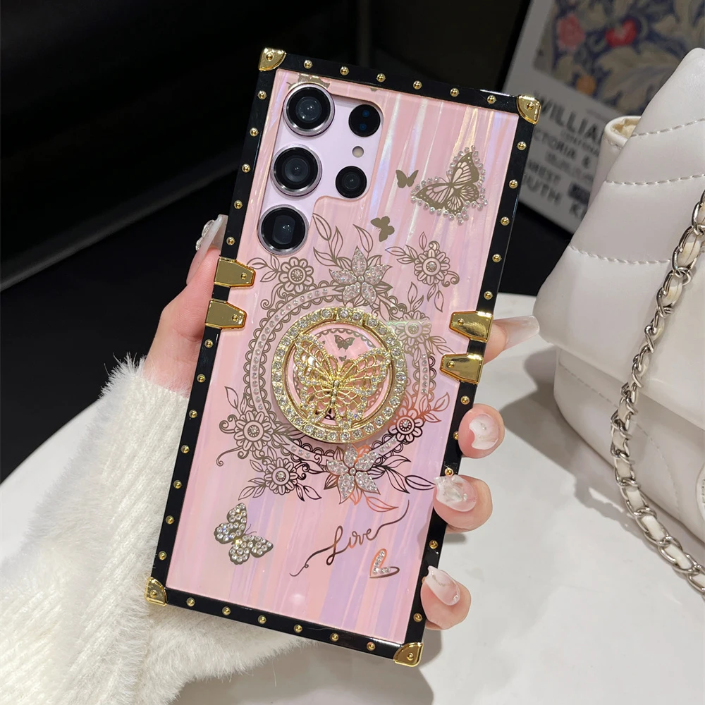Glitter Butterfly Stand Holder Aurora Box Phone Case For Samsung S25 S24 S23 Ultra S21 S22 Plus Finger Ring Fold Bracket Cover image 3