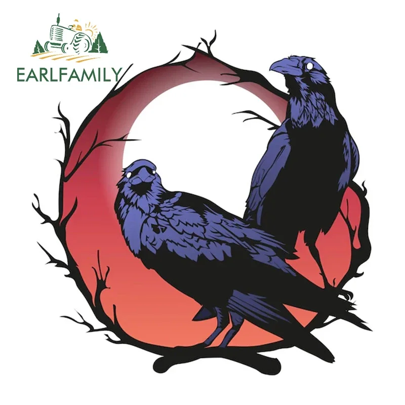 EARLFAMILY 13cm x 12.8cm for Crow Red Full Moon Car Stickers Fashionable Simple Decals Anime Occlusion Scratch Car Label Cute