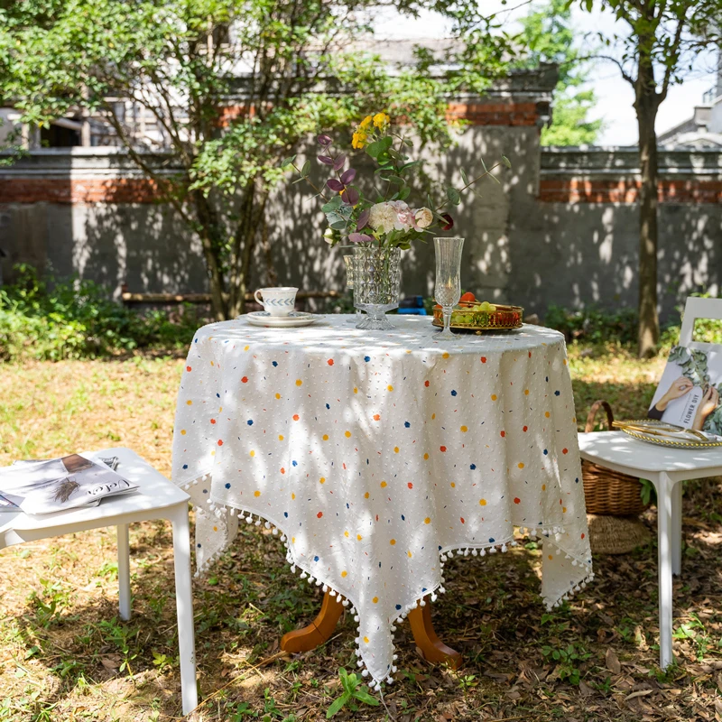 Round Tablecloth Colorful Pom Pom Tassel Linen Textured Decorative Table Covers for Indoor Outdoor Dining Buffet Parities Dinner