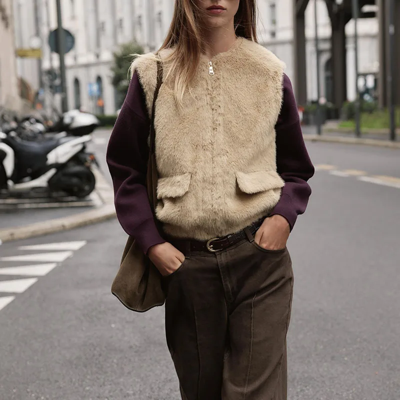 Nouveauté automne femmes gilet kets décoré effet fausse fourrure fermeture éclair ort vêtements d'extérieur trajet Sle Stand Fit dames manteau