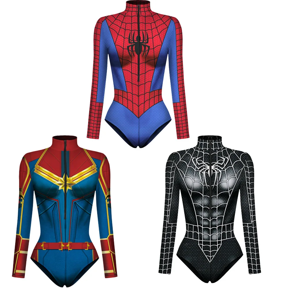 Spiderman-Body für Damen und Herren, Captain Superhero-Overall, 3D-Druck, langärmeliger Badeanzug, Halloween-Karnevals-Cos