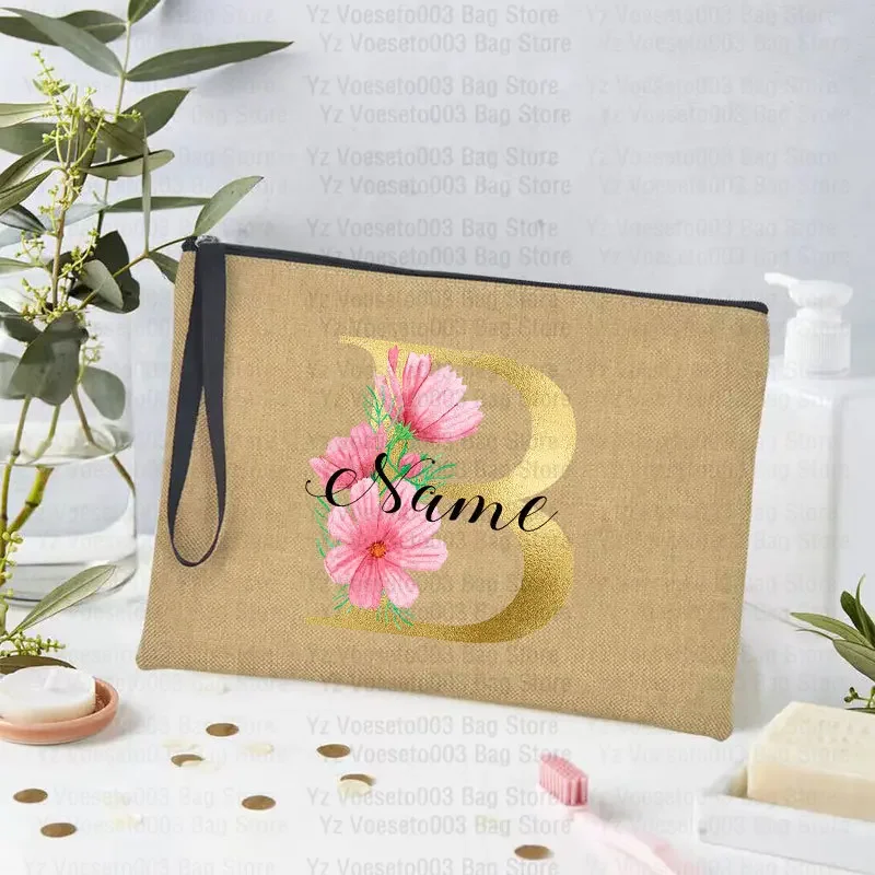 Custom Name Logo Bag Personalized Name Pouch Women Linen Cosmetic Makeup Wash Bags Pencil Cases Birthday Bridesmaid Teacher Gift